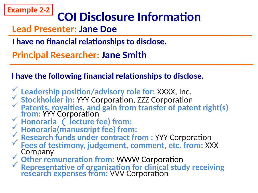 COI Disclosure Information Example 2-1 Lead - slide 2 of 3