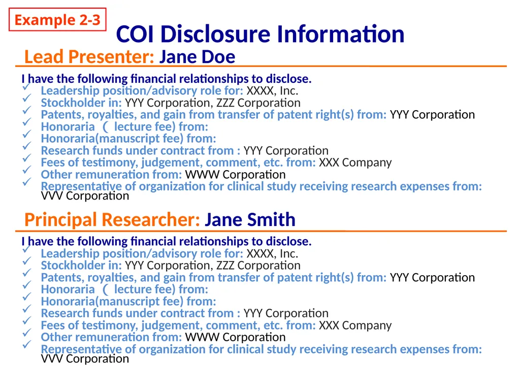 COI Disclosure Information Example 2-1 Lead - slide 3 of 3