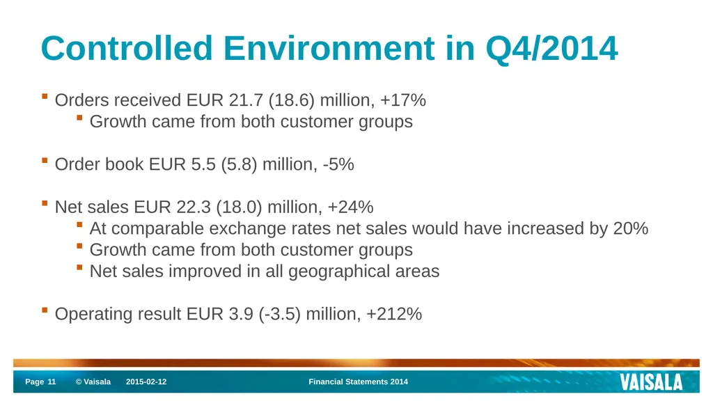 Interim Report January–December 2014 Vaisala - slide 11 of 27