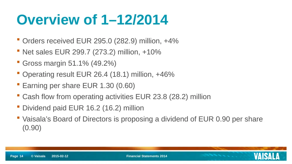 Interim Report January–December 2014 Vaisala - slide 14 of 27