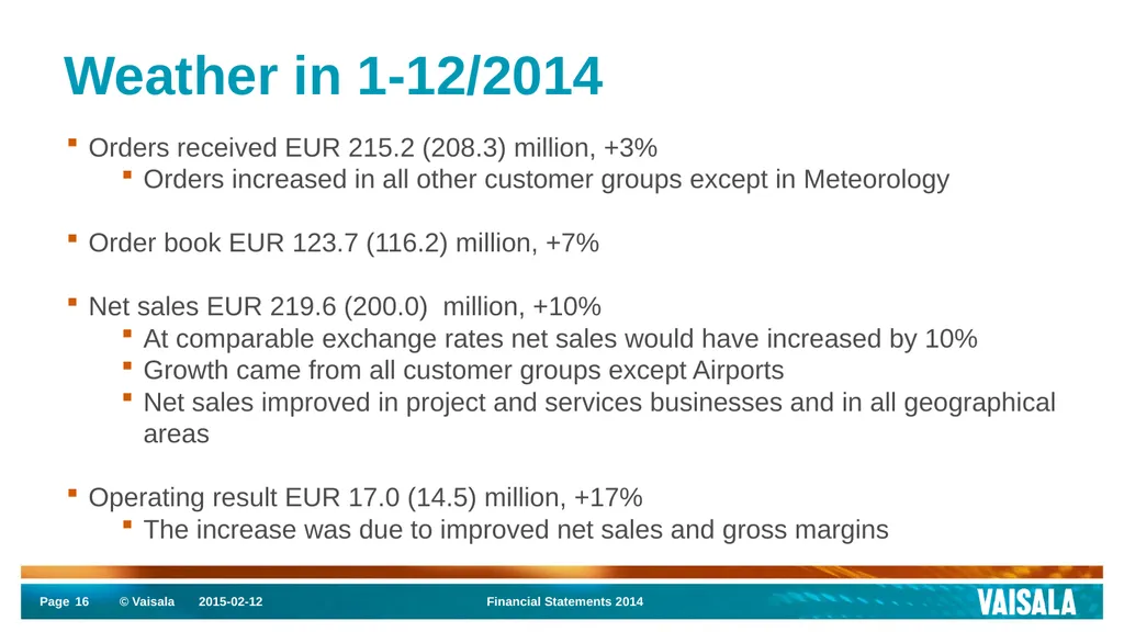 Interim Report January–December 2014 Vaisala - slide 16 of 27
