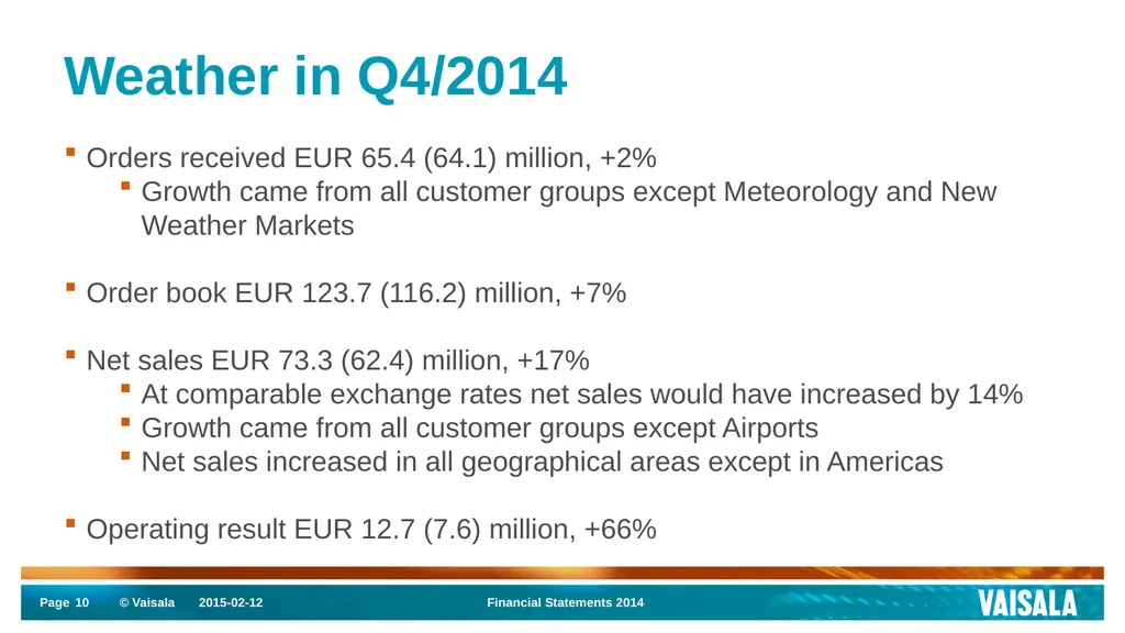 Interim Report January–December 2014 Vaisala - slide 10 of 27