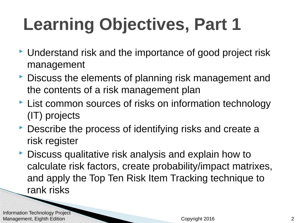 Chapter 11 : Project Risk Management Information - slide 2 of 60