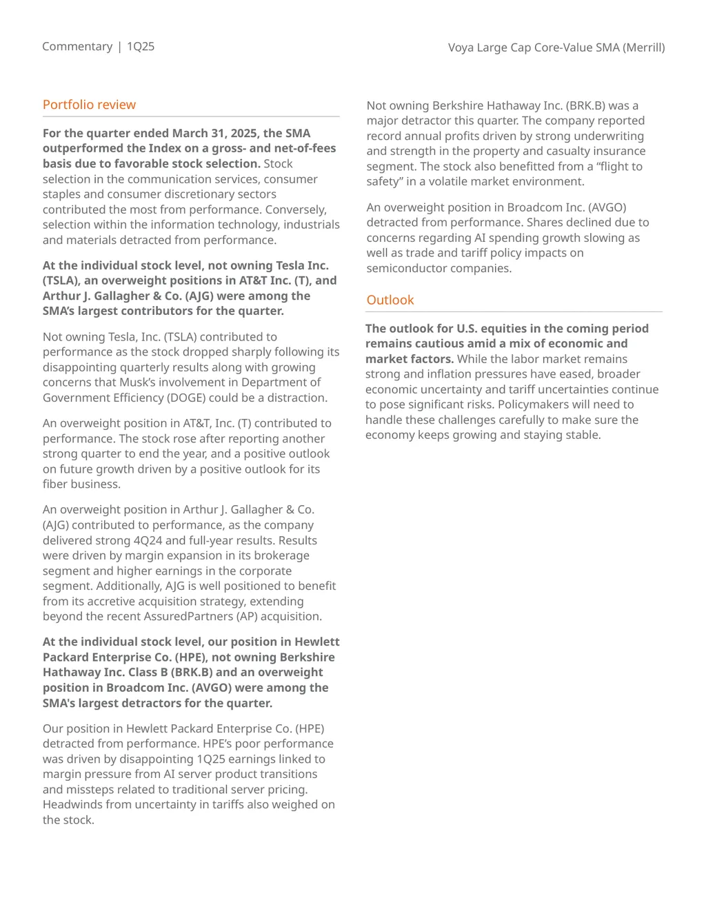 Commentary | 1Q25 Voya Large Cap Core-Value SMA - slide 2 of 3