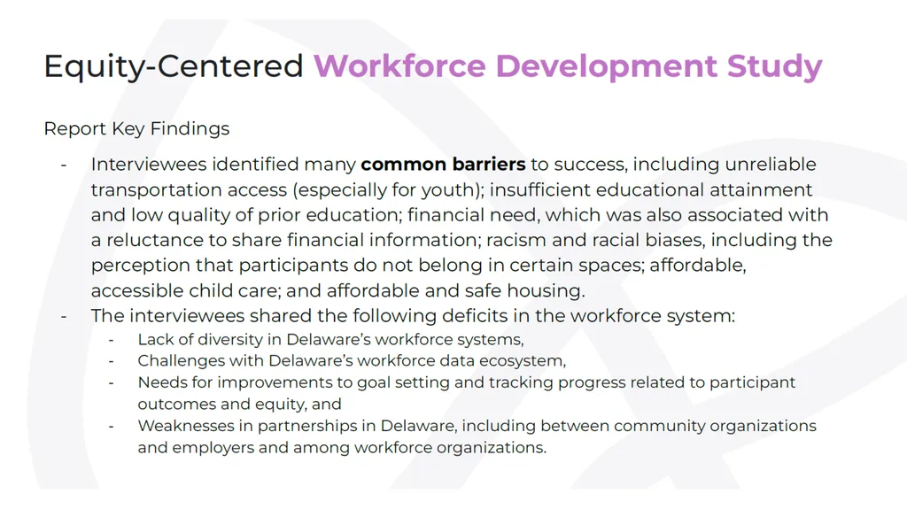 Delaware’s Employment Equity Project will analyze - slide 3 of 10