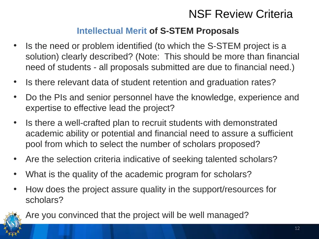 NSF S-STEM (17-527) PI Q&A Webinar -- You should - slide 12 of 14