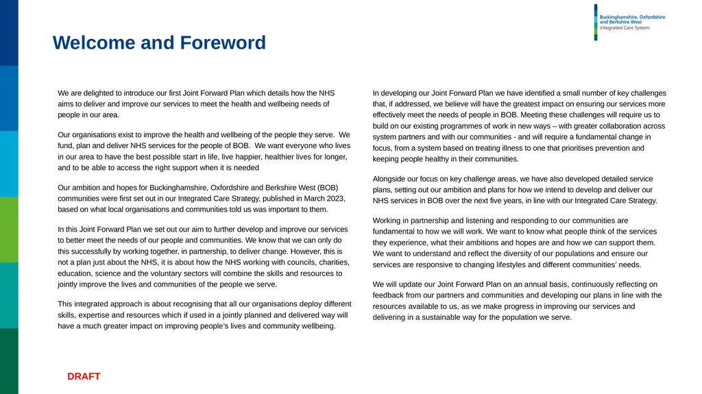 Joint Forward Plan Summary DRAFT – WORK IN - slide 2 of 17