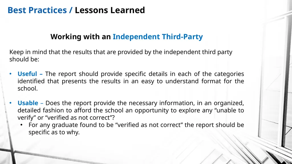 Best Practices: Independent Third-Party - slide 39 of 54