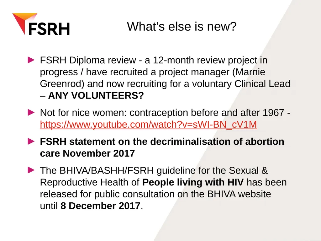 FSRH update WOS RT meeting December 5th 2017 - slide 13 of 18