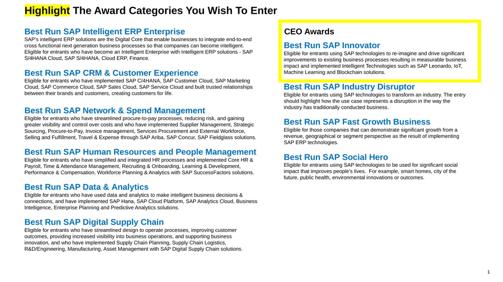 Highlight The Award Categories You Wish To Enter