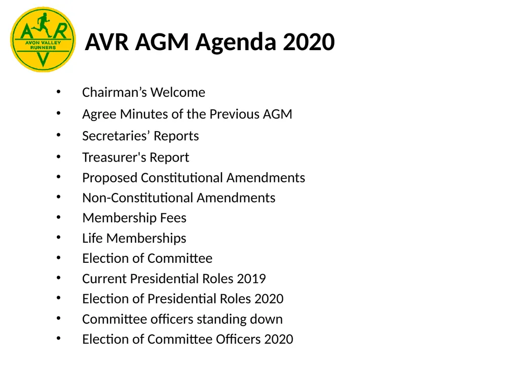 AVR AGM Agenda 2020 Chairman’s Welcome Agree
