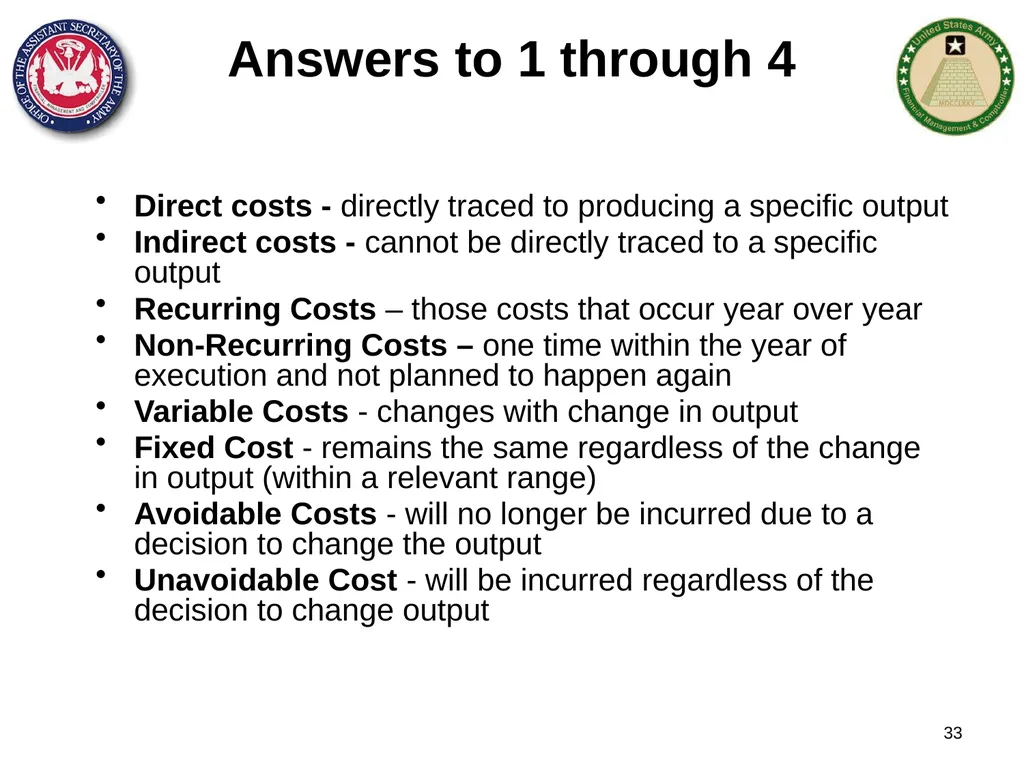 Section 1: Cost Management Overview What are costs - slide 33 of 122