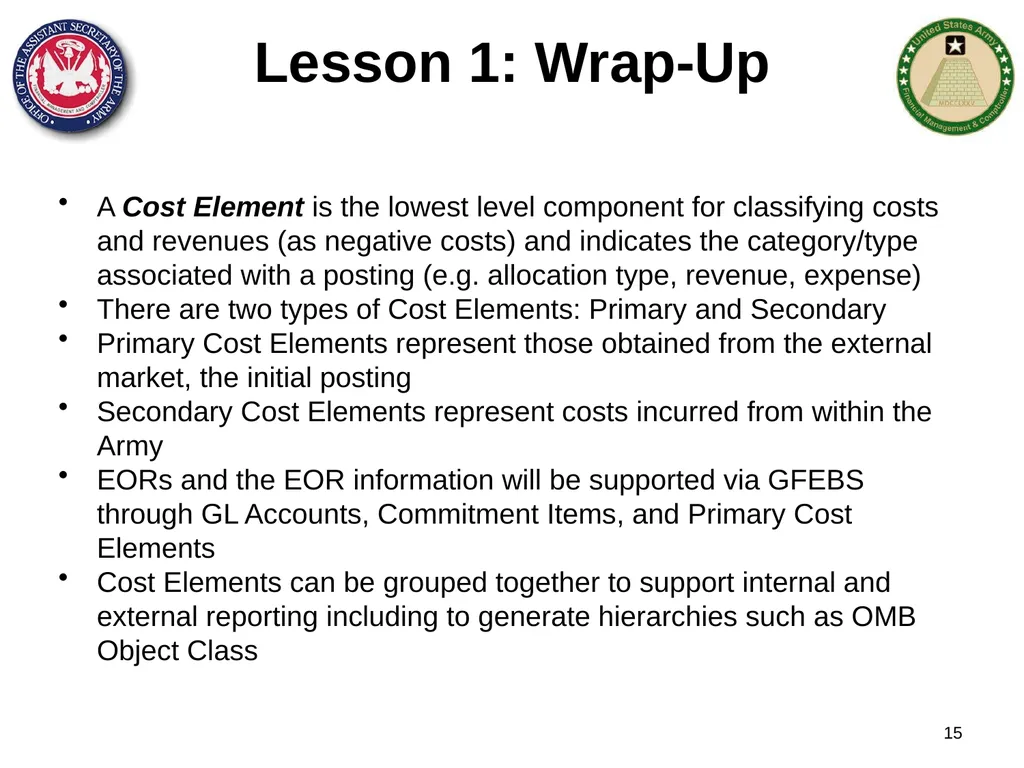 Section 1: Cost Management Overview What are costs - slide 15 of 122