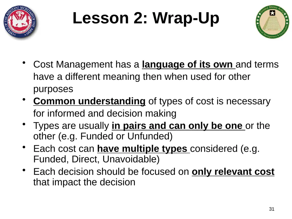 Section 1: Cost Management Overview What are costs - slide 31 of 122