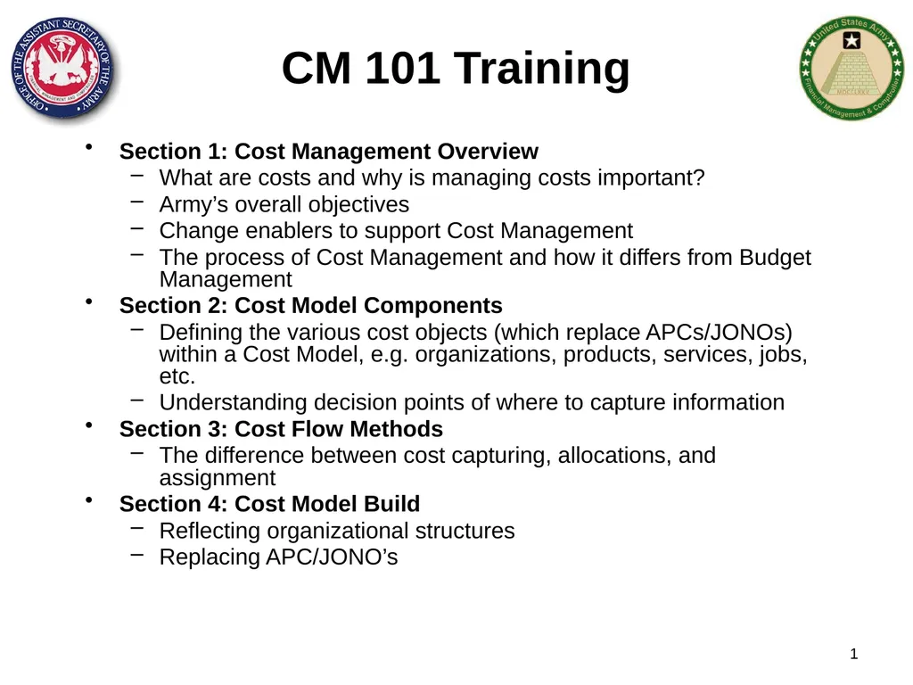Section 1: Cost Management Overview What are costs - slide 1 of 122