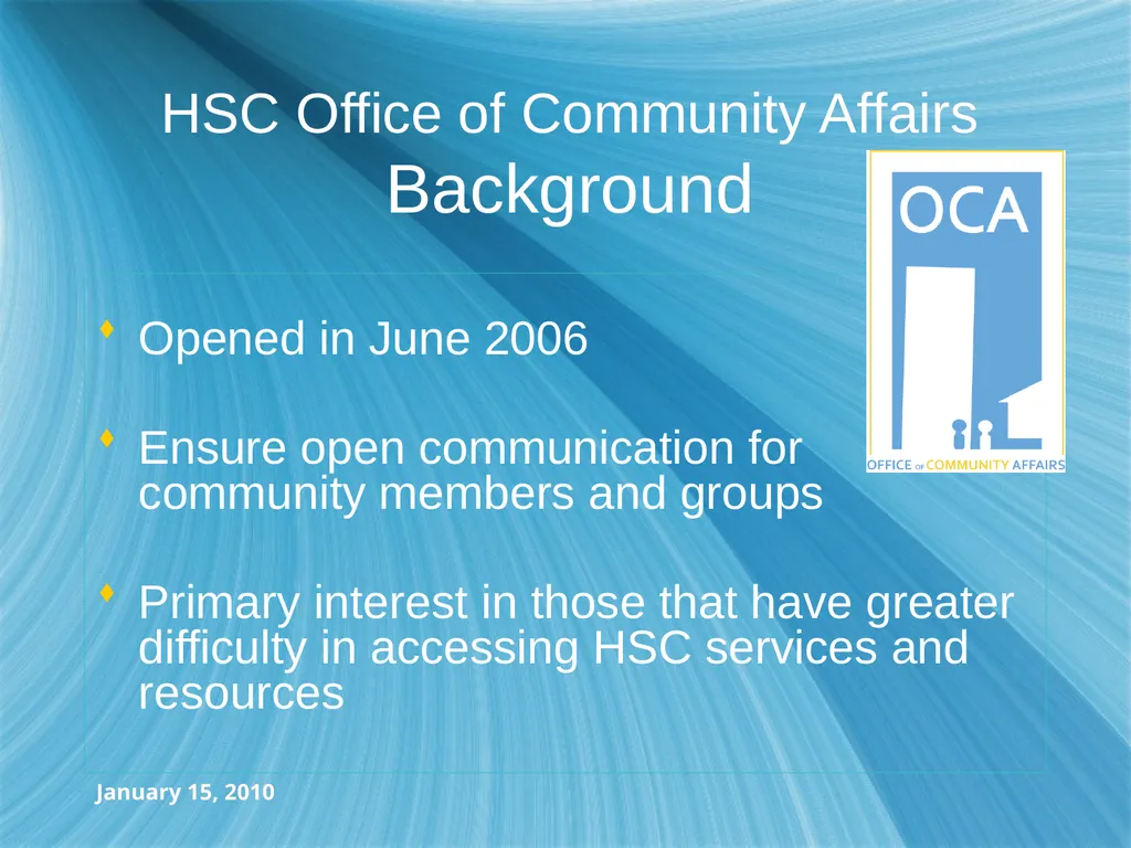 January 15, 2010 Report-to-the-Community Opened in - slide 2 of 37