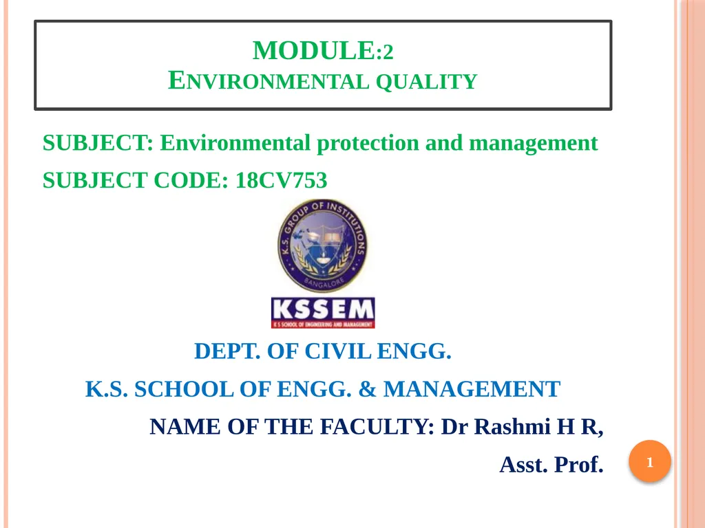 1 SUBJECT: Environmental protection and management - slide 1 of 92