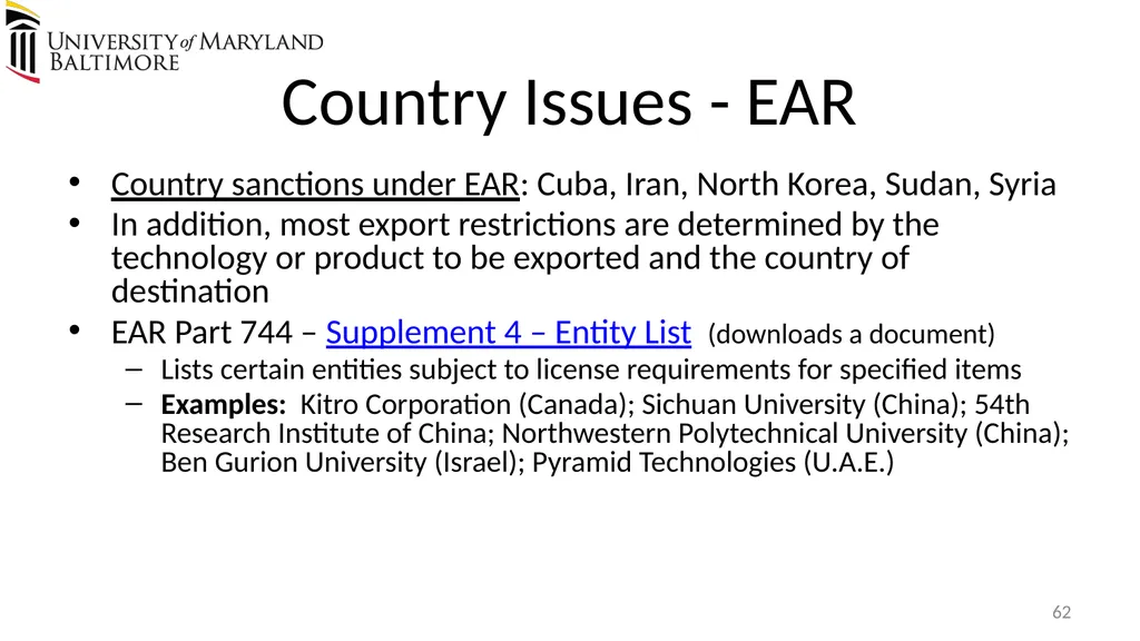 Does UMB export? Complying with the U.S. Export - slide 62 of 68