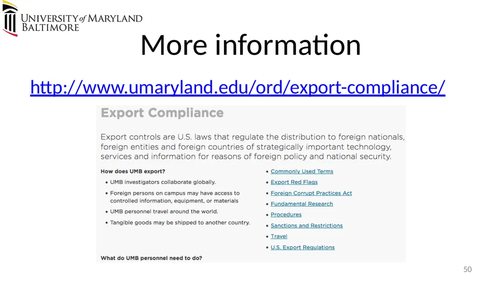 Does UMB export? Complying with the U.S. Export - slide 50 of 68