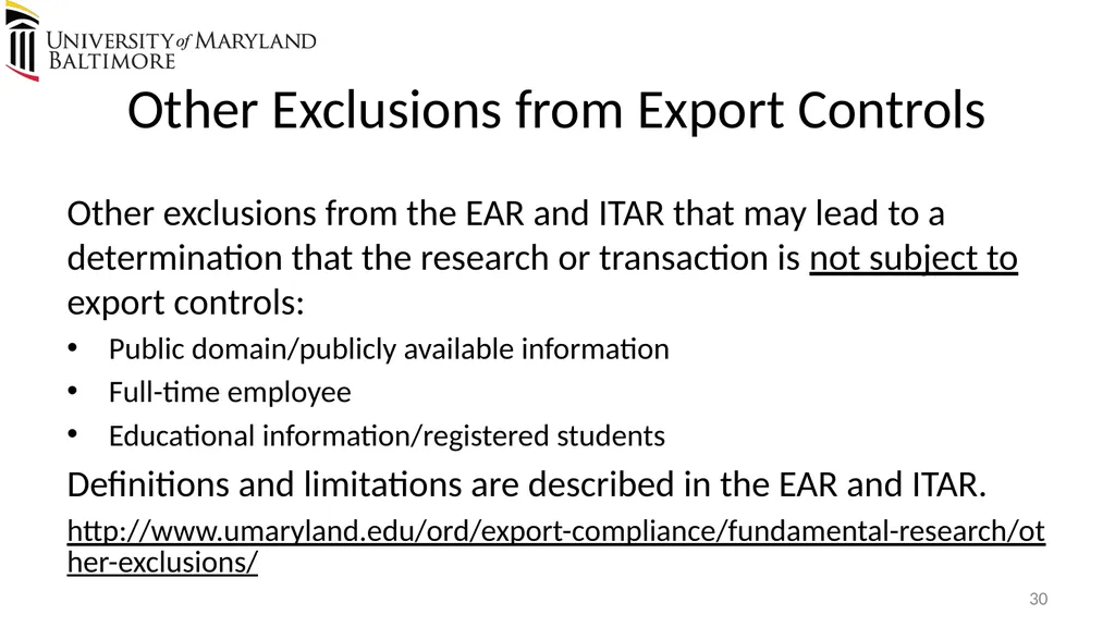 Does UMB export? Complying with the U.S. Export - slide 30 of 68