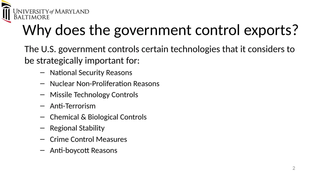 Does UMB export? Complying with the U.S. Export - slide 2 of 68