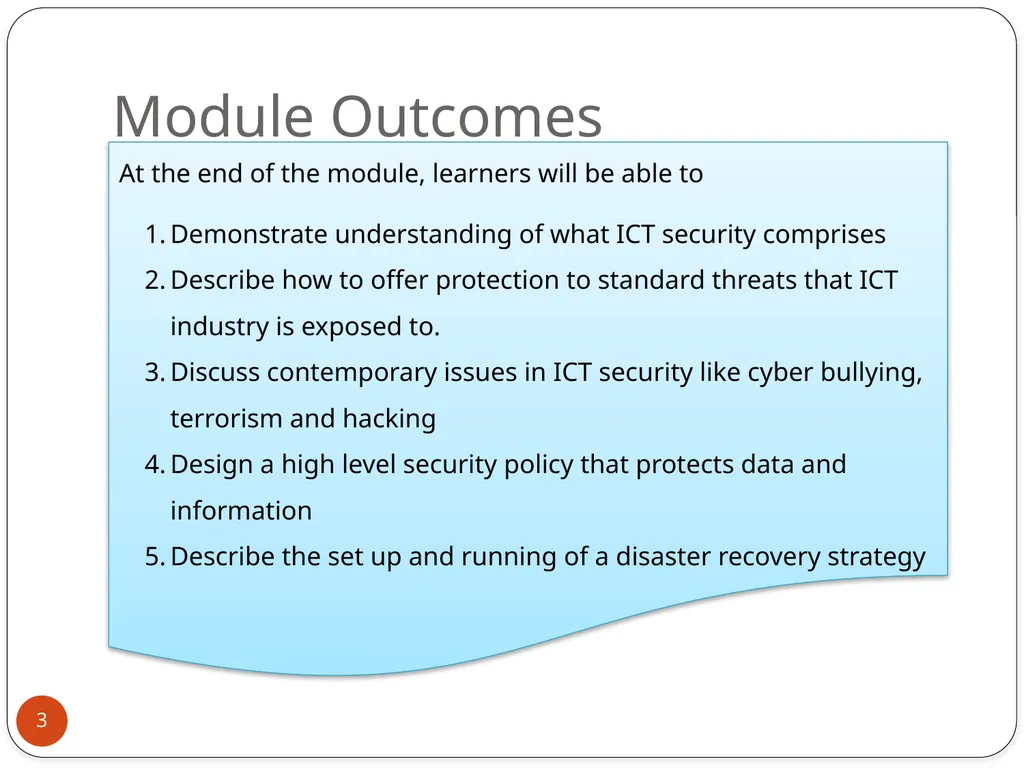 MODULE 7: SECURITY IN ICT Session 1: Introduction - slide 3 of 21
