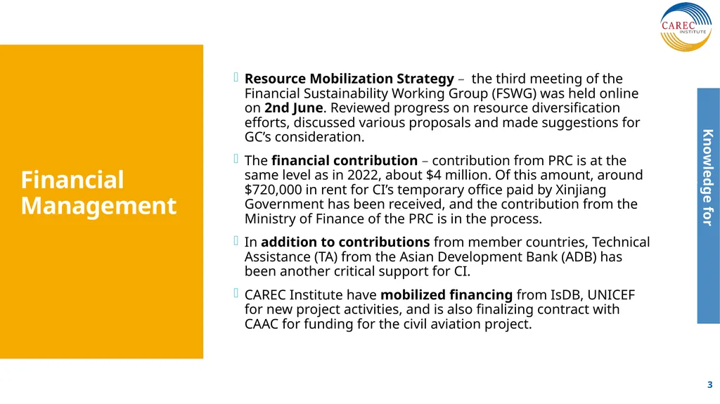 CAREC Institute Progress Report Senior Officials’ - slide 3 of 12