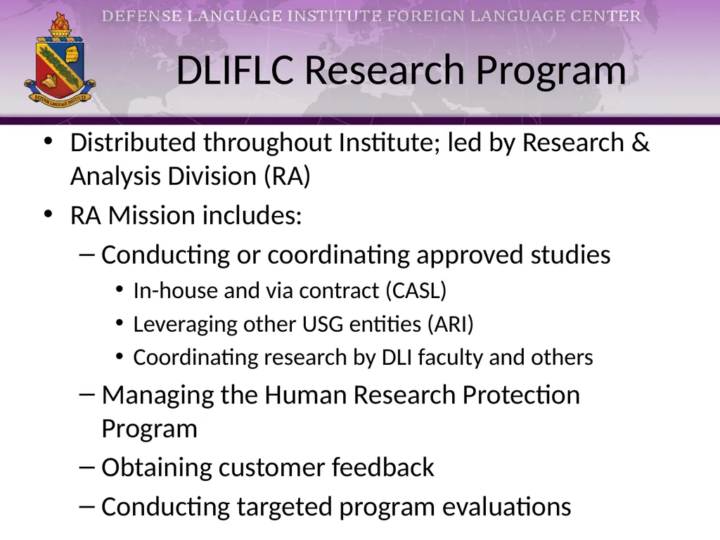 Research at DLIFLC: What We Do and How We Do - slide 2 of 10