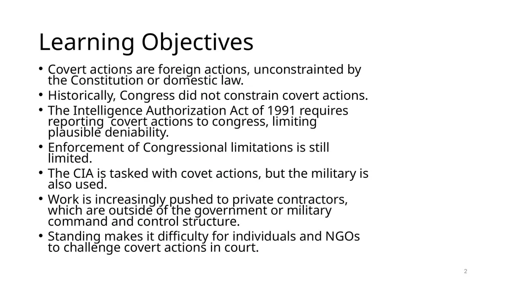 Chapter 19 – Covert Actions Learning Objectives - slide 2 of 74