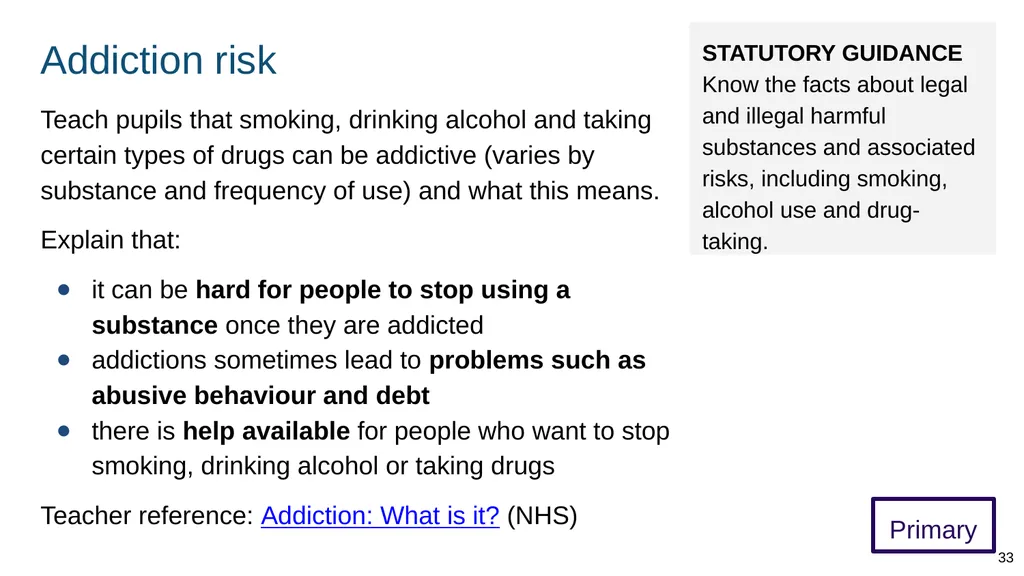 Teaching about drugs, alcohol and tobacco Part of: - slide 33 of 90