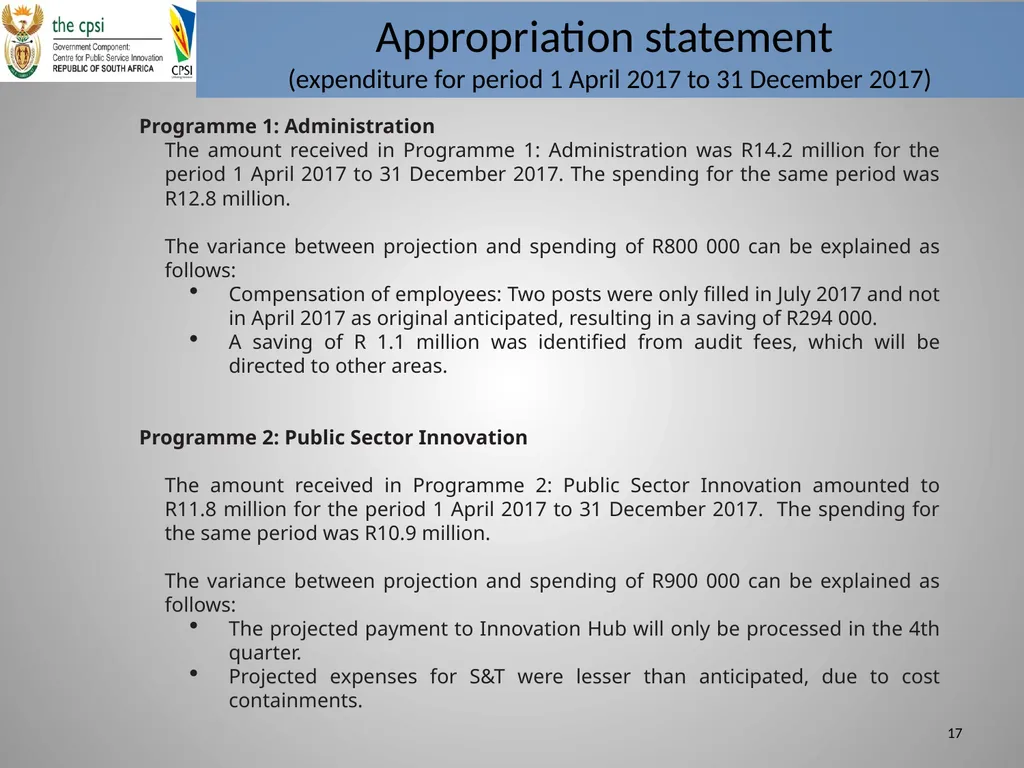 Presentation to Portfolio Committee January 2018 - slide 17 of 22