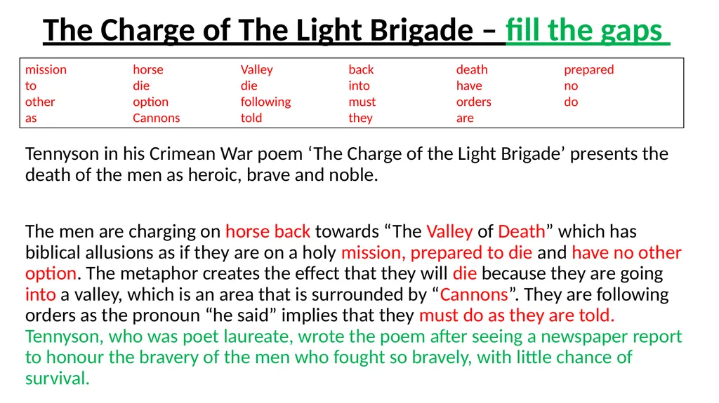 The Charge of The Light Brigade – fill the gaps - slide 2 of 36