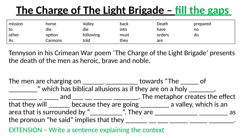 The Charge of The Light Brigade – fill the gaps