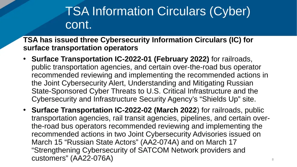 TSA Update David Cooper Surface Policy Division - slide 8 of 12