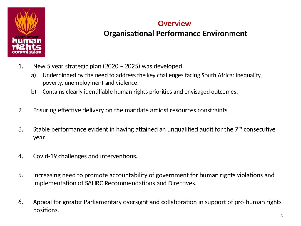 SOUTH AFRICAN HUMAN RIGHTS COMMISSION Performance - slide 3 of 49