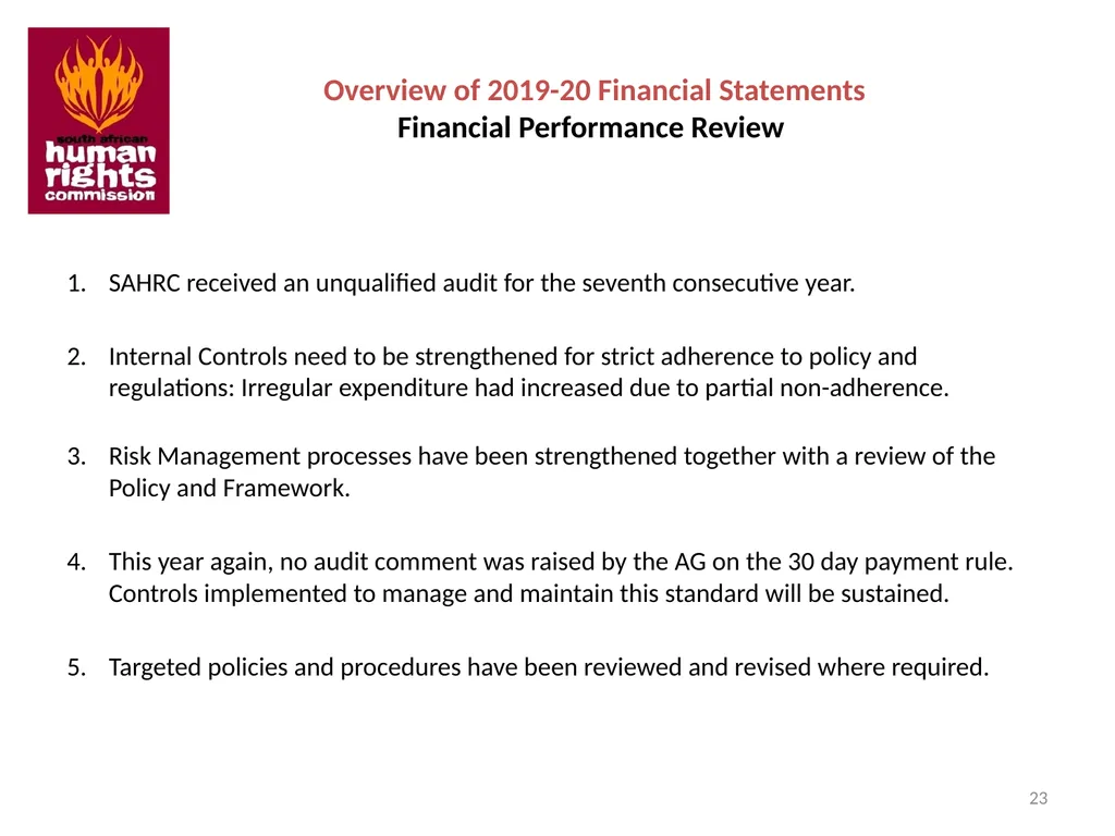 SOUTH AFRICAN HUMAN RIGHTS COMMISSION Performance - slide 23 of 49