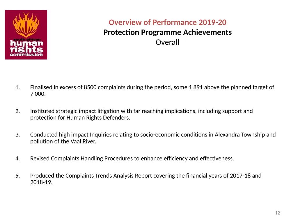 SOUTH AFRICAN HUMAN RIGHTS COMMISSION Performance - slide 12 of 49