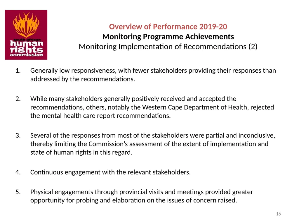 SOUTH AFRICAN HUMAN RIGHTS COMMISSION Performance - slide 16 of 49