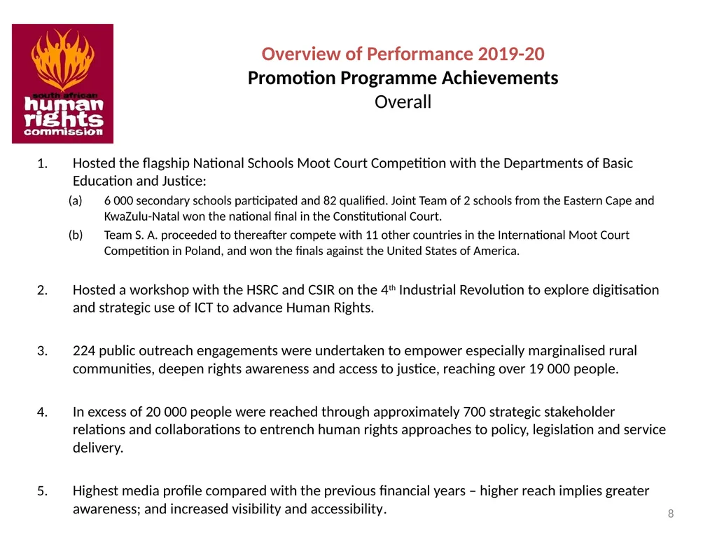 SOUTH AFRICAN HUMAN RIGHTS COMMISSION Performance - slide 8 of 49