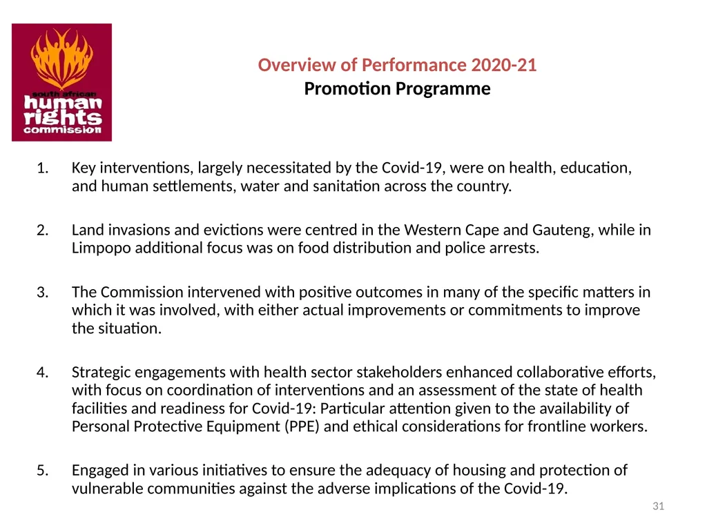 SOUTH AFRICAN HUMAN RIGHTS COMMISSION Performance - slide 31 of 49