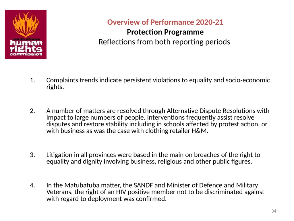 SOUTH AFRICAN HUMAN RIGHTS COMMISSION Performance - slide 34 of 49