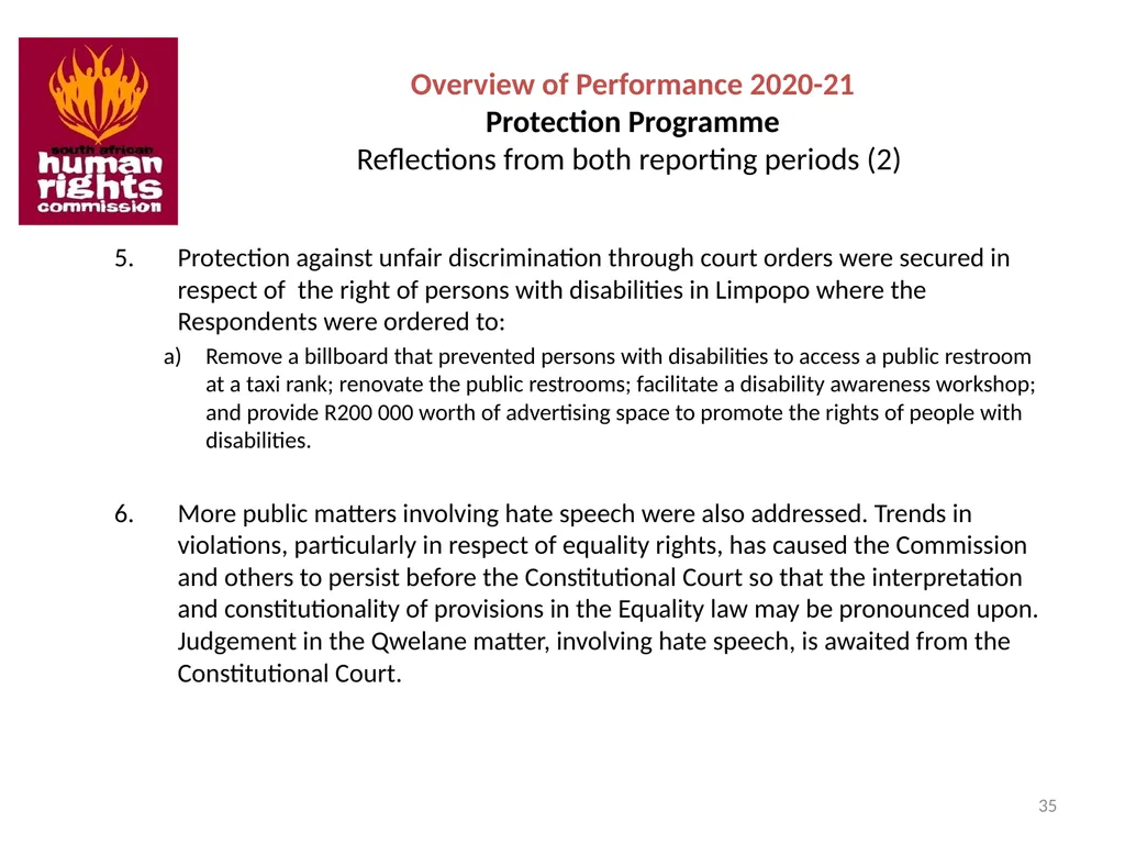 SOUTH AFRICAN HUMAN RIGHTS COMMISSION Performance - slide 35 of 49