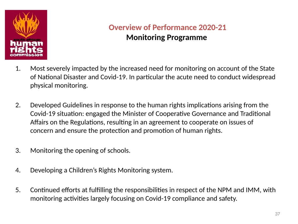 SOUTH AFRICAN HUMAN RIGHTS COMMISSION Performance - slide 37 of 49