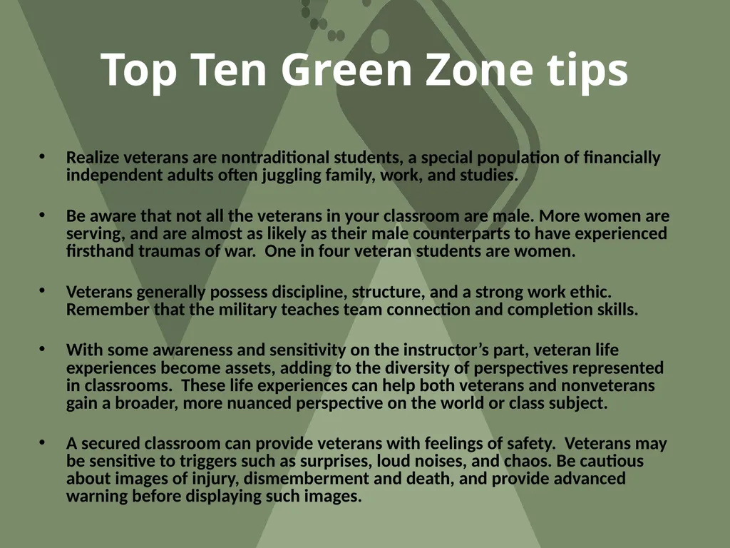 Shepherd University Green Zone Training OBJECTIVE - slide 24 of 34