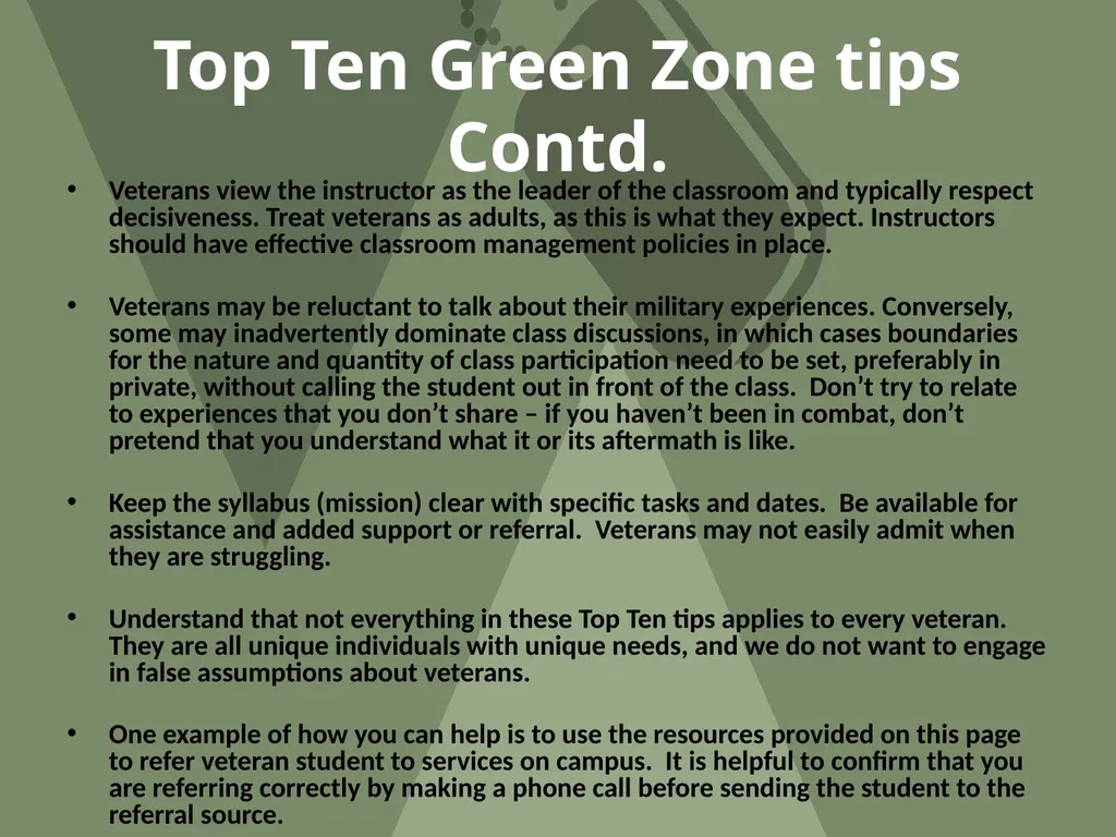 Shepherd University Green Zone Training OBJECTIVE - slide 25 of 34
