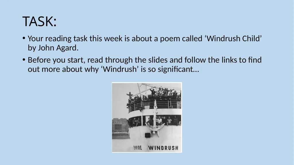 Year 6 Reading Windrush TASK: Your reading task - slide 2 of 8