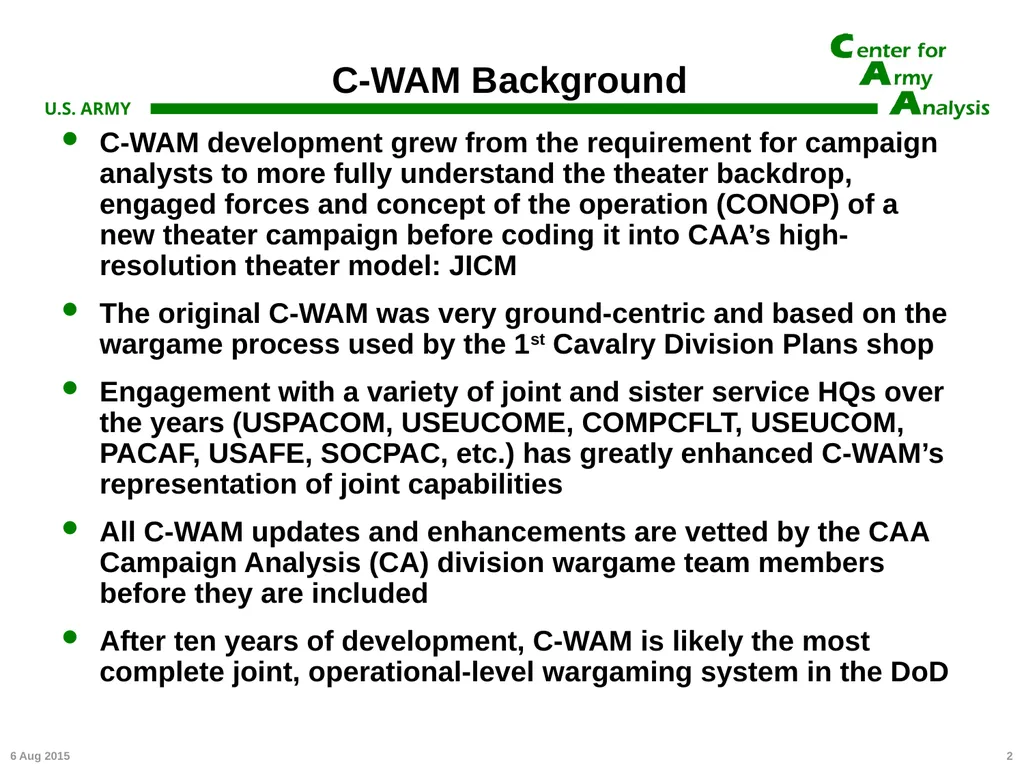 Center for Army Analysis Wargame Analysis Model - slide 2 of 20