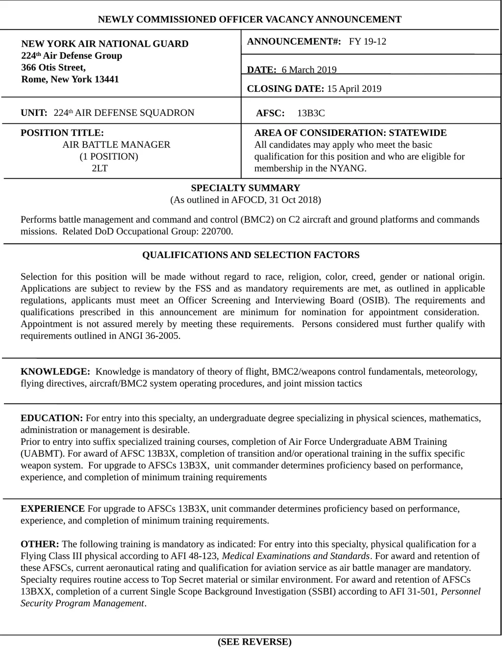 NEWLY COMMISSIONED OFFICER VACANCY ANNOUNCEMENT