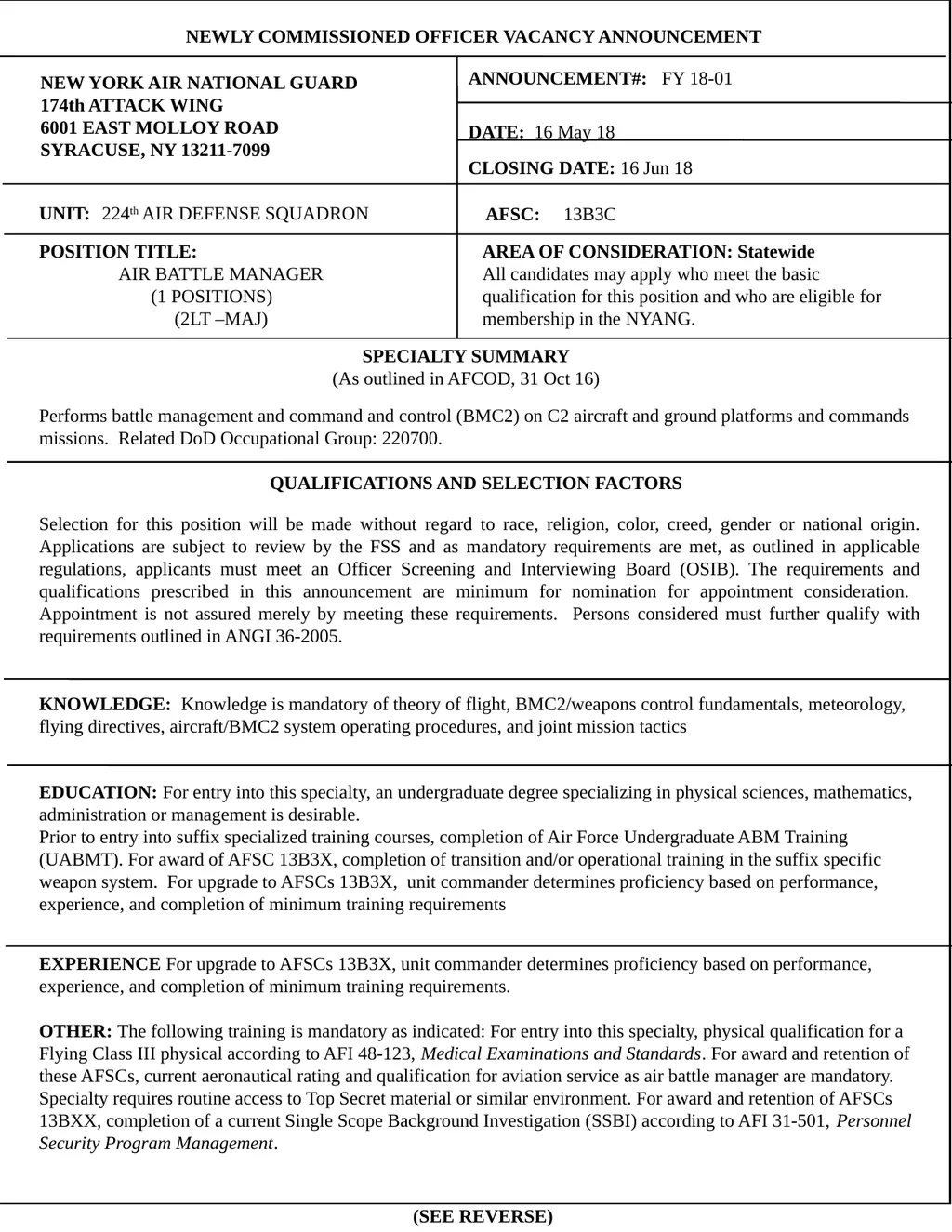 NEWLY COMMISSIONED OFFICER VACANCY ANNOUNCEMENT