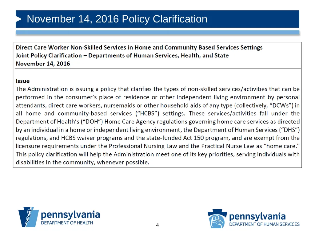 DIRECT CARE WORKER POLICY CLARIFICATION & GUIDANCE - slide 4 of 14